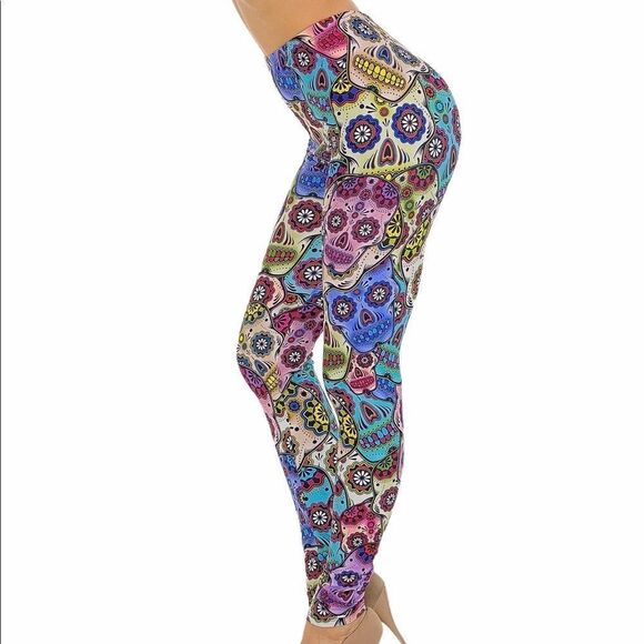 High Waist Colorful Skull Leggings Pants - NEW - Picture 1 of 4